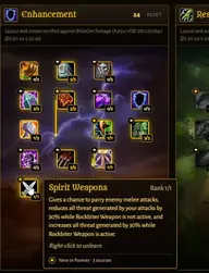 Tooltip des Talents Waffen der Geister im Verstärkungsbaum des WoW-Forever-Schamanen: Chance zu parieren und Bedrohung, die ohne Waffe des Felsbeißers um 30 Prozent sinkt und mit ihr um 30 Prozent steigt