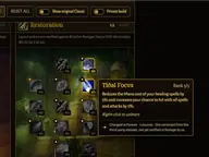 Tooltip des Talents Gezeitenfokus im Wiederherstellungsbaum des WoW-Forever-Schamanen: fünf Punkte, die die Manakosten von Heilzaubern um 5 Prozent senken und die Trefferchance mit allen Zaubern und Angriffen um 5 Prozent erhöhen