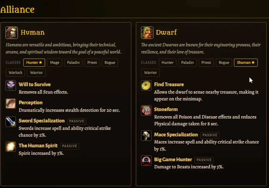 Volkskarte der Allianz von WoW Forever im Community-Rechner, die Schamane unter den Klassen des Zwergs neben Steingestalt und Mace Specialization listet