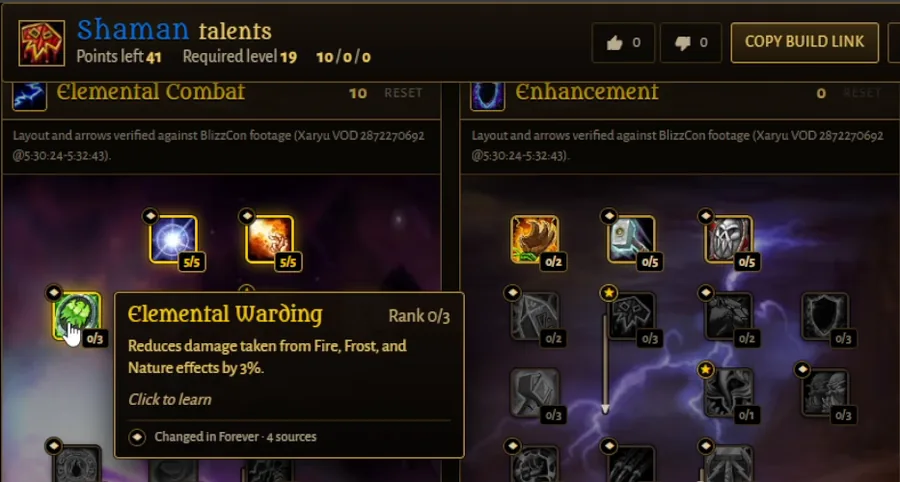 Tooltip des Talents Schutz der Elemente im Elemental-Combat-Baum der WoW-Forever-Schamanen, der verringerten Schaden durch Feuer-, Frost- und Natureffekte zeigt