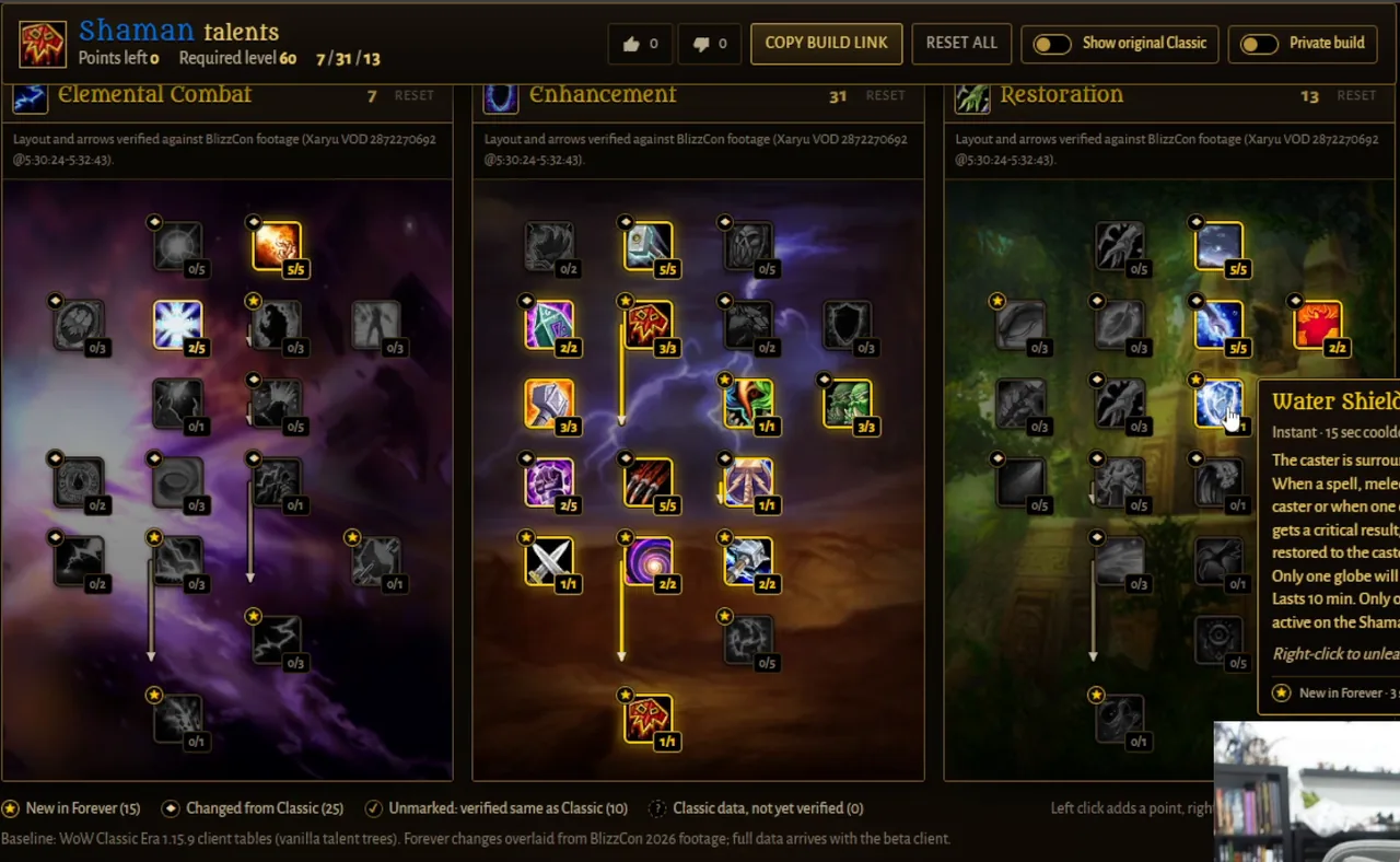Tank-Build für Verstärkung in einem Community-Demo-Rechner für den Schamanen in WoW Forever, mit der Aufteilung 7/31/13 auf Elementar, Verstärkung und Wiederherstellung
