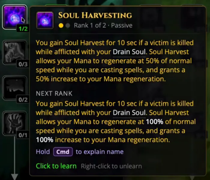 Tooltip des Talents Soul Harvesting auf Rang 1 von 2 in einem Community-Hexenmeister-Rechner, mit 50 % Mana-Regeneration jetzt und 100 % auf dem nächsten Rang
