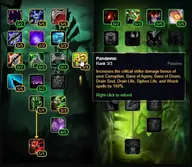 Tooltip des Talents Pandemic auf Rang 3/3 in einem Community-Talentrechner für Hexenmeister: erhöht den kritischen Trefferschaden von Verderbnis, Omen, Entzugszaubern und Zermürben um 100 %