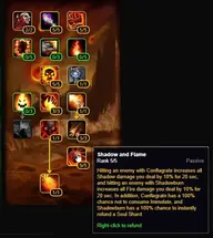 Tooltip des Talents Schatten und Flamme auf Rang 5/5 im Zerstörungsbaum eines Community-Talentrechners für Hexenmeister mit den Effekten von Feuersbrunst und Schattenbrand