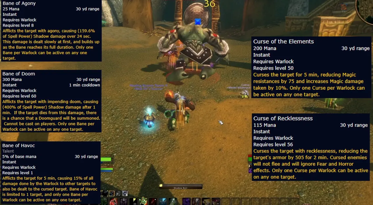 Tooltips zu Omen der Pein, Omen der Verdammnis und Omen der Verwüstung neben Fluch der Elemente und Fluch der Tollkühnheit, aus der WoW-Forever-Beta des Hexenmeisters