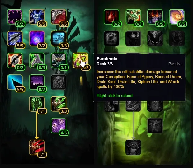 Tooltip des Talents Pandemic auf Rang 3/3 in einem Community-Talentrechner für Hexenmeister: erhöht den kritischen Trefferschaden von Verderbnis, Omen, Entzugszaubern und Zermürben um 100 %