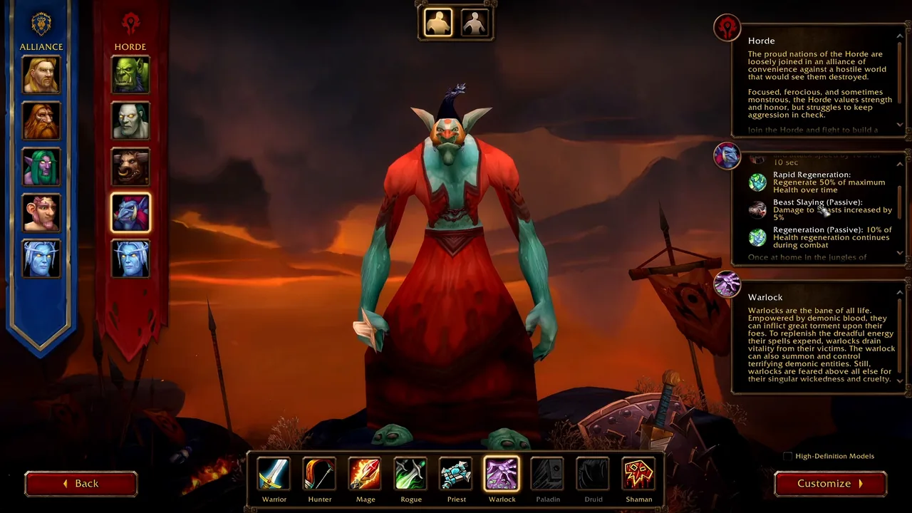 Charaktererstellung in der WoW-Forever-Beta mit ausgewähltem Troll auf der Seite der Horde, gewähltem Hexenmeister und geöffneten Panels für Volksfähigkeiten des Trolls und Klasse Hexenmeister