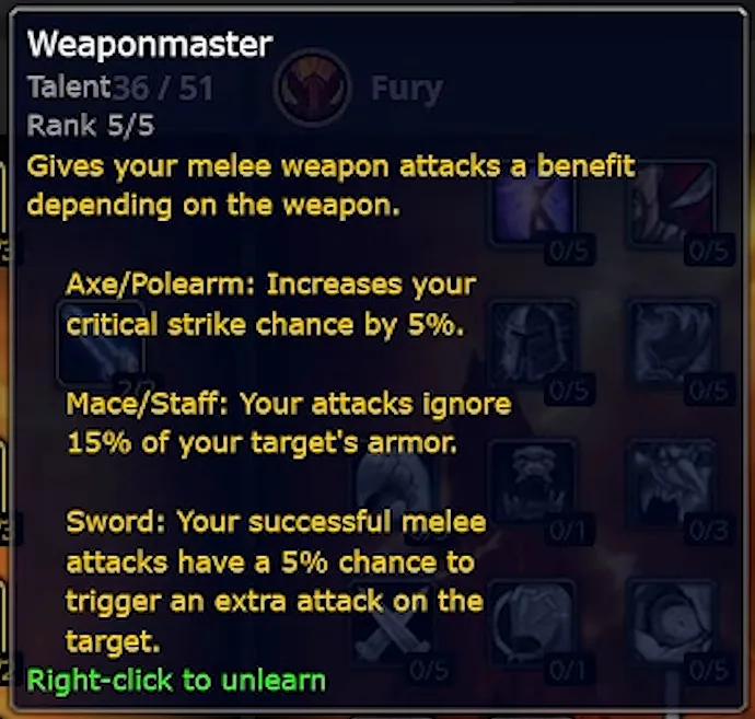 Infobulle du talent Maître d’armes au rang 5 sur 5 dans un calculateur de talents communautaire du guerrier, avec des effets distincts pour Hache/Arme d’hast, Masse/Bâton et Épée