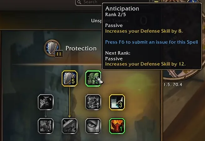 Descripción emergente del talento Anticipación en el árbol de Protección de la beta de WoW Forever, en el rango 2 de 5, que muestra Defensa aumentada en 8 y en 12 con el siguiente rango