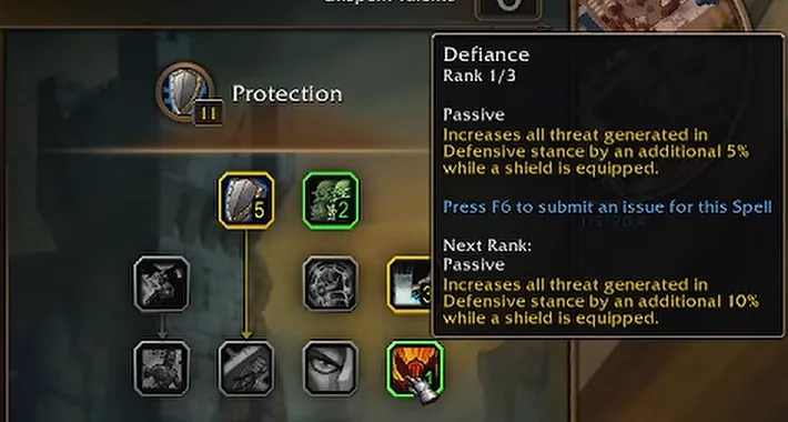 Descripción emergente del talento Defiance en el árbol de Protección de la beta de WoW Forever en el rango 1 de 3, que añade un 5 por ciento de amenaza en Actitud defensiva con un escudo equipado