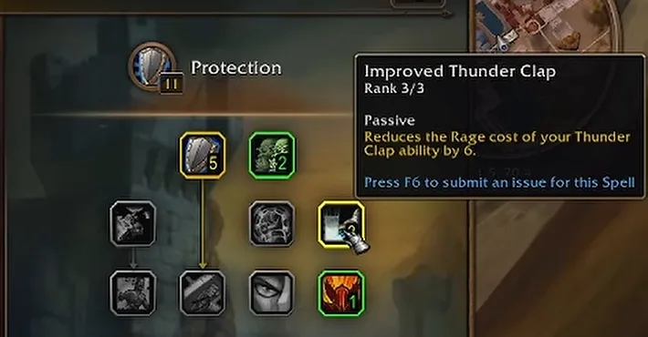 Descripción emergente del talento Trueno mejorado en el árbol de Protección de la beta de WoW Forever en el rango 3 de 3, que reduce el coste de Ira de Trueno en 6