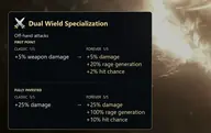 Подсказка таланта Dual Wield Specialization из дерева «Неистовство» Воина WoW Forever: урон левой рукой, получение ярости левой рукой и меткость левой рукой