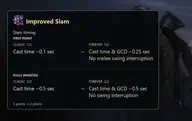 Подсказка таланта Improved Slam из дерева «Оружие» Воина WoW Forever: стоимость в два очка, время применения и общее время восстановления уменьшены на полсекунды, удар в ближнем бою не прерывается