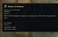 Подсказка таланта Master of Defense из дерева «Защита» Воина WoW Forever: вероятность 50 % получить 5 ед. ярости при уклонении или парировании с экипированным щитом