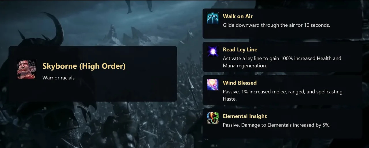 Skyborne High Order Warrior racial panel showing Walk on Air, Read Ley Line, Wind Blessed and Elemental Insight