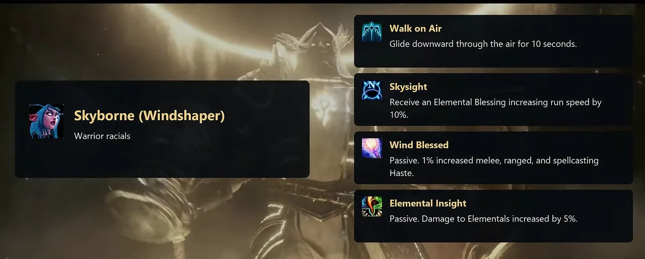 Skyborne Windshaper Warrior racial panel showing Walk on Air, Skysight, Wind Blessed and Elemental Insight