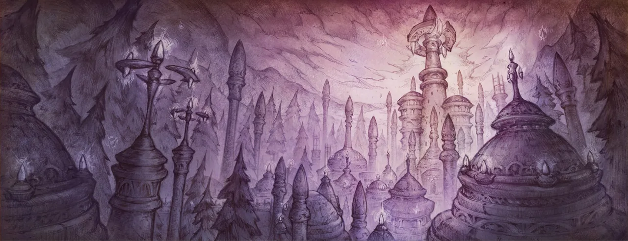 WoW Forever beta loading screen for the City of Dalaran, a violet sketch of spired towers and domed rooftops