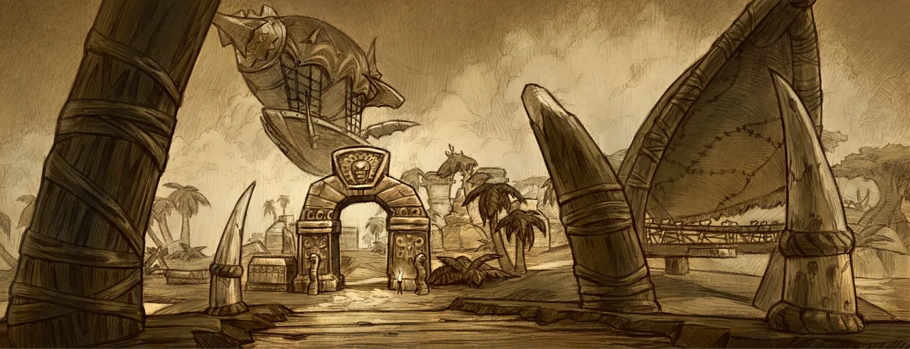 Ladebildschirm der WoW-Forever-Beta für die Darkspear-Inseln: eine sepiafarbene Skizze eines Troll-Tors zwischen riesigen Stoßzähnen mit einem Zeppelin darüber