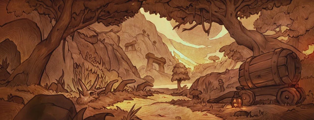 WoW Forever beta loading screen for Excavation Site: Wetlands, an orange sketch of a forest path with a wagon and barrel under arching trees