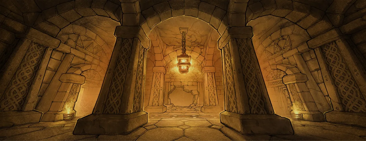 Ladebildschirm der WoW-Forever-Beta für die Halle der Thanen, eine goldene Skizze einer gemeißelten Zwergen-Steinhalle, beleuchtet von einer hängenden Laterne