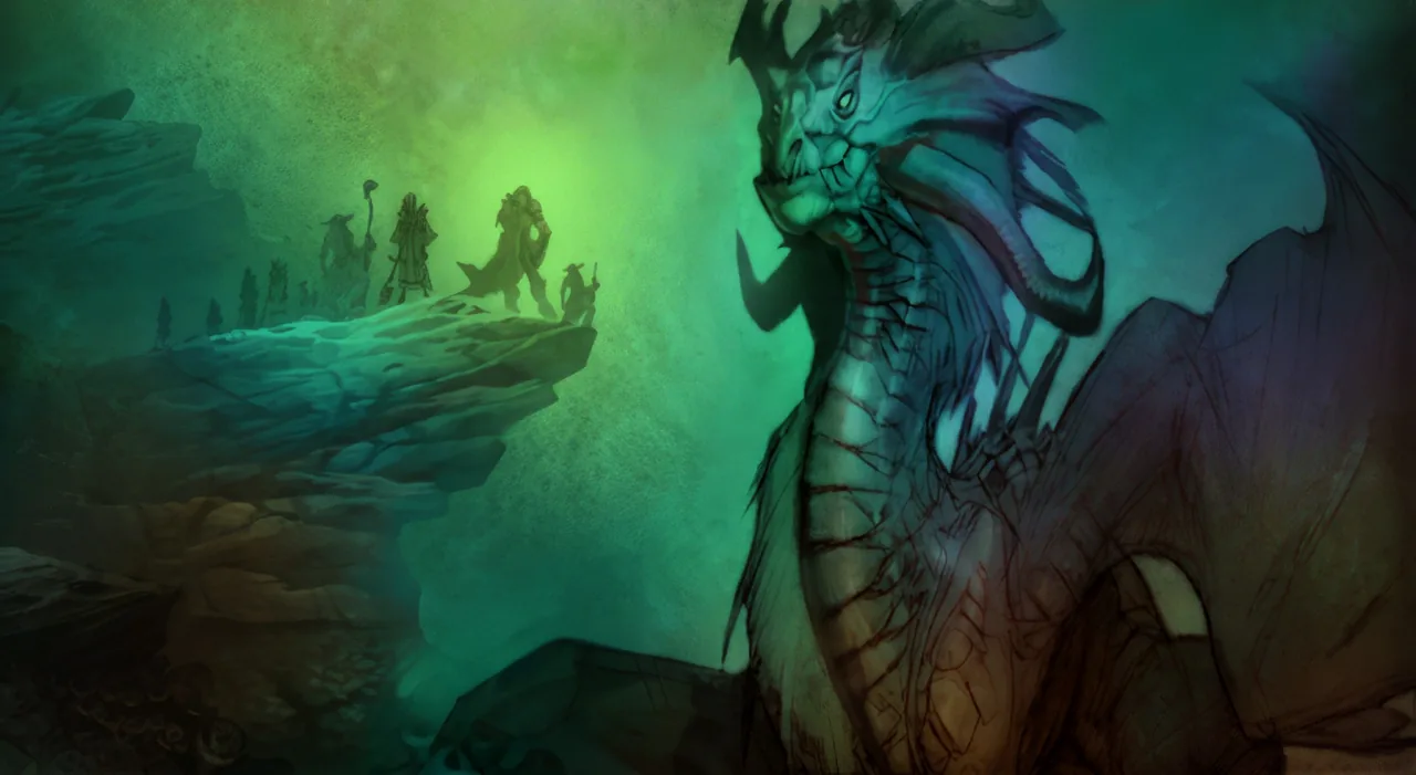 Ladebildschirm der WoW-Forever-Beta für Onyxias Hort, ein grünblaues Gemälde eines gehörnten Drachen, der einer Abenteurergruppe auf einem Felsvorsprung gegenübersteht