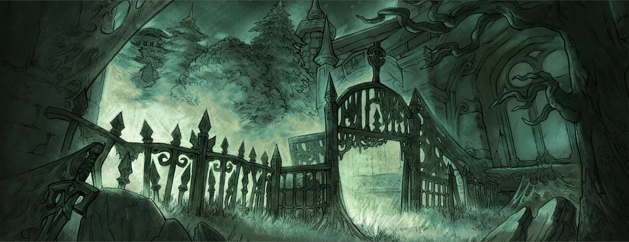 Ladebildschirm der WoW-Forever-Beta für die Ruinen von Lordaeron, eine grüne Skizze eines Eisentors und -zauns vor überwucherten Ruinen