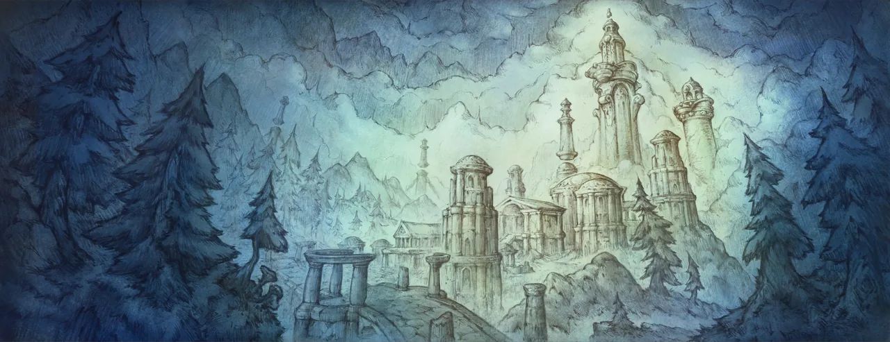 Ladebildschirm der WoW-Forever-Beta für die Insel Zephras, ein blaues Gemälde im Skizzenstil mit weißen Türmen und Kuppelhallen auf einem kiefernbewachsenen Gipfel