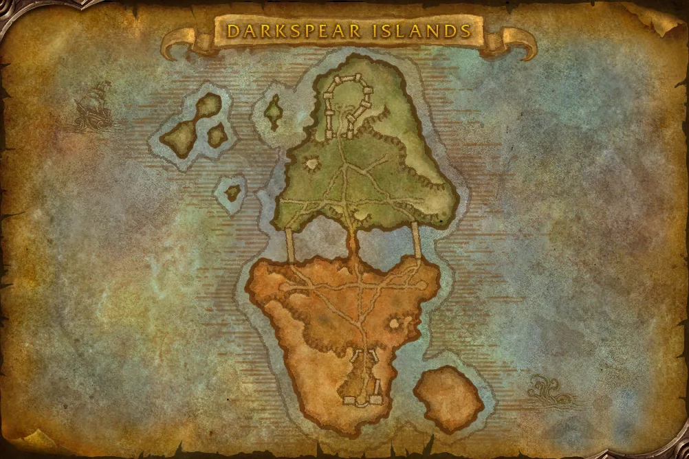 Weltkarte der Darkspear-Inseln aus dem WoW-Forever-Beta-Client: eine grüne Nordinsel und eine orangefarbene Südinsel, verbunden durch Brücken