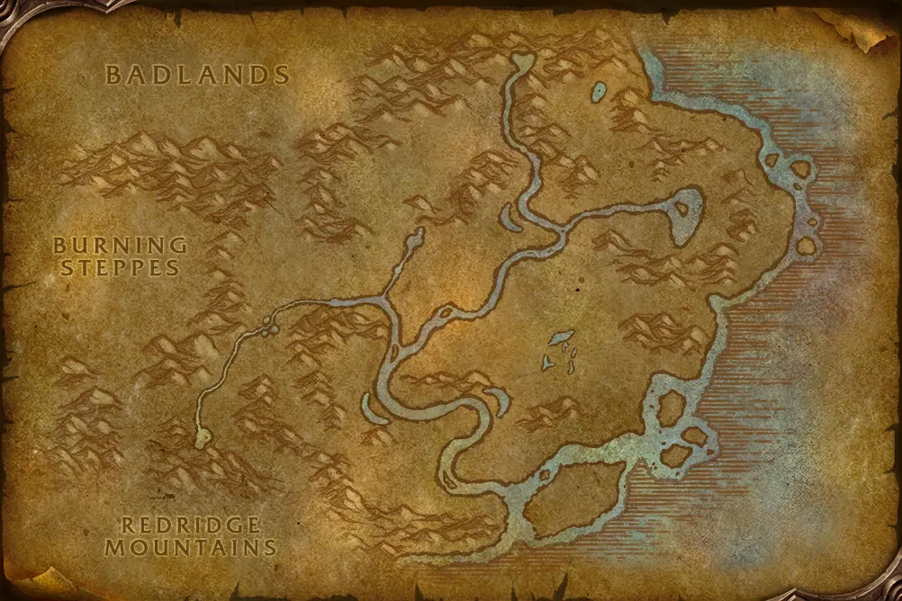 Riverglades world map from the WoW Forever beta client, a parchment view of winding rivers with Badlands, Burning Steppes and Redridge Mountains at its edges