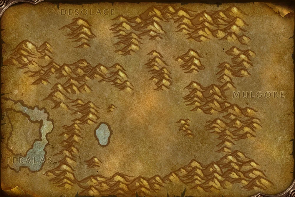 Shen'dralas world map from the WoW Forever beta client, a parchment view of ridges and small lakes with Desolace, Mulgore and Feralas at its edges