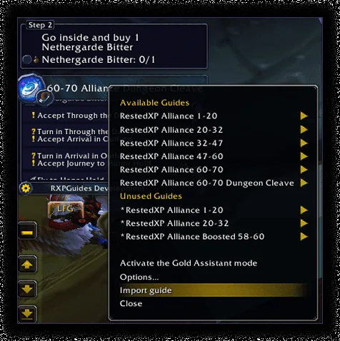 RestedXP manual image of the in-game guide menu with Available Guides, Unused Guides, and Import guide
