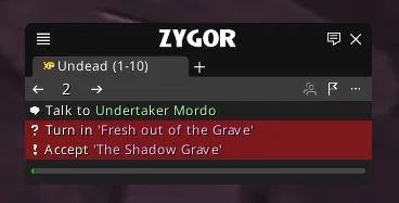 Zygor manual image of the Guide Viewer showing an Undead quest step and red incomplete objective lines