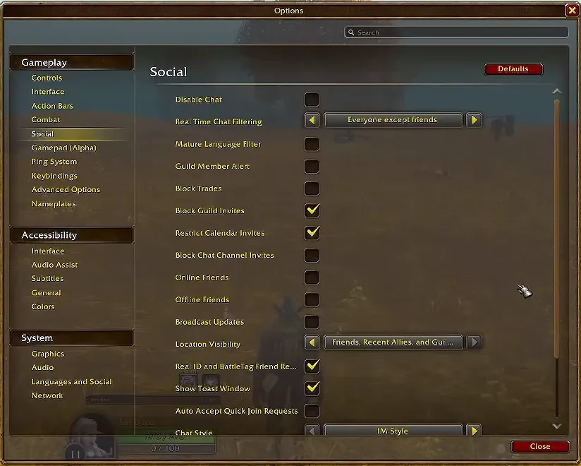 WoW Forever Social options with chat, language filter and invitation controls