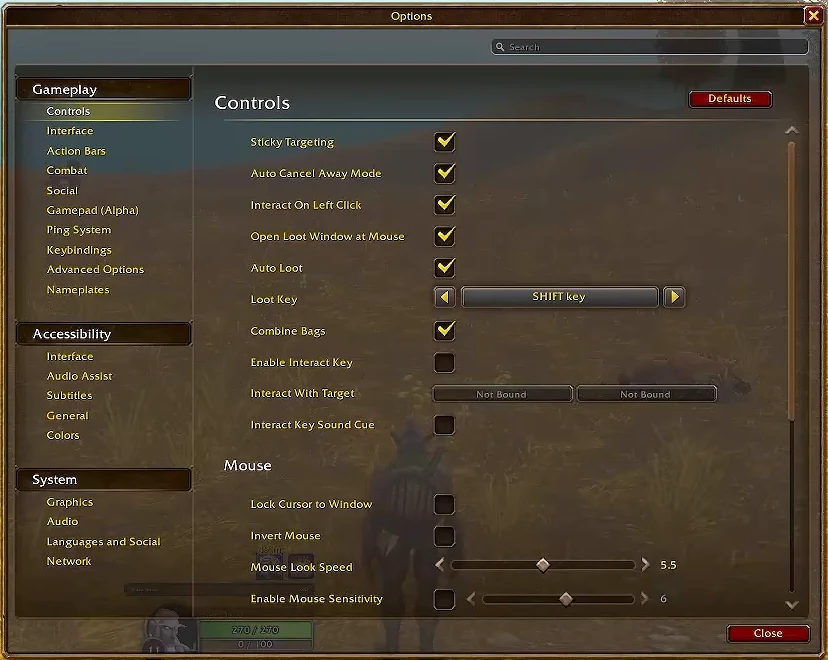 WoW Forever Options navigation showing Keybindings beside the Controls panel
