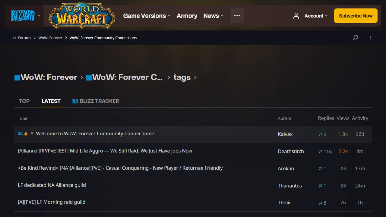 Blizzards Forenboard „WoW Forever Community Connections“ mit datierten Rekrutierungsbeiträgen