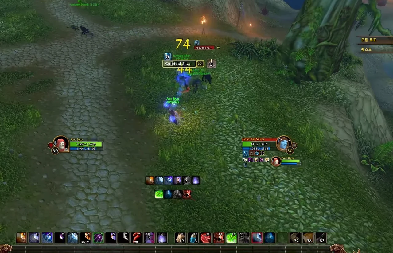 WoW Forever PvP scene with opponent target frames and combat action bars