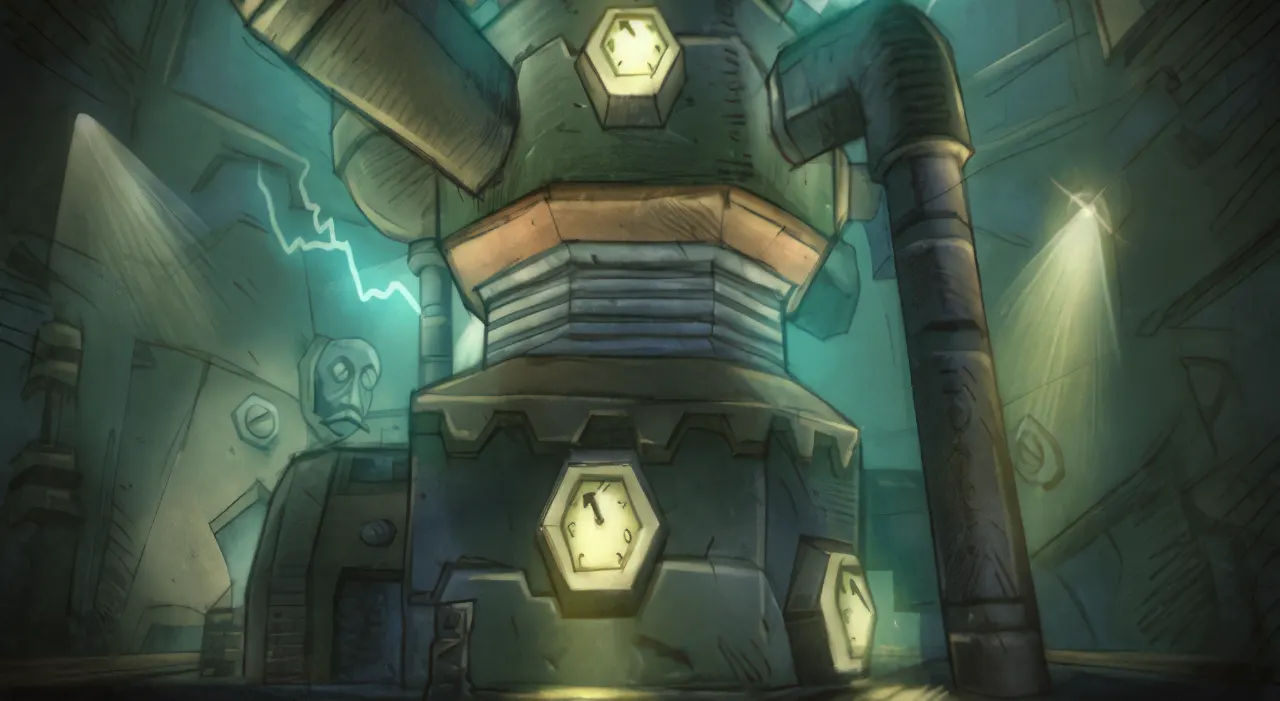 Gnomeregan loading artwork showing a mechanical hall with pipes, lightning and glowing hexagonal lamps