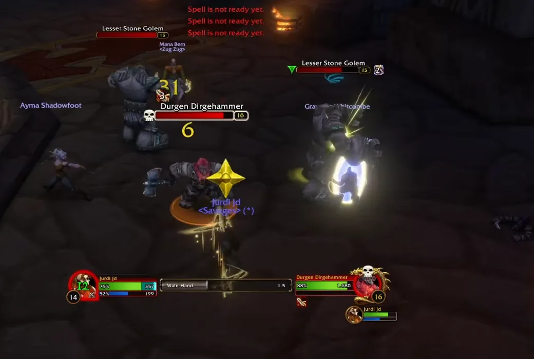 Durgen Mornemartel, un nain Dark Iron élite de niveau 16, combat un paladin dans le Reliquary of Kings avec deux Golems de pierre inférieurs à ses côtés