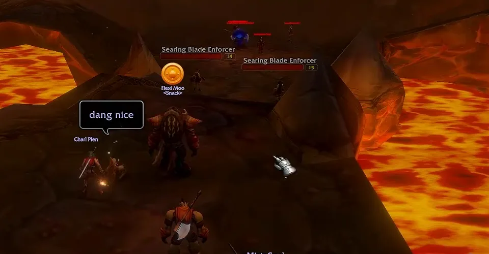 Horde-Gruppe auf einer von Lava umgebenen Felsplattform im Ragefireabgrund nach dem Kill von Taragaman dem Hungerleider, davor Enforcer der Sengklinge