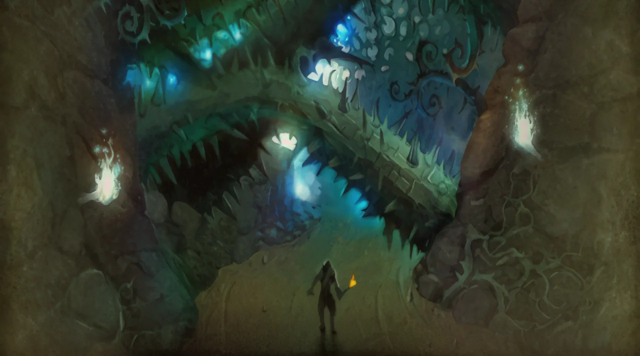 WoW Forever beta Razorfen Downs loading artwork showing a thorn-covered passage lit with blue-green flames
