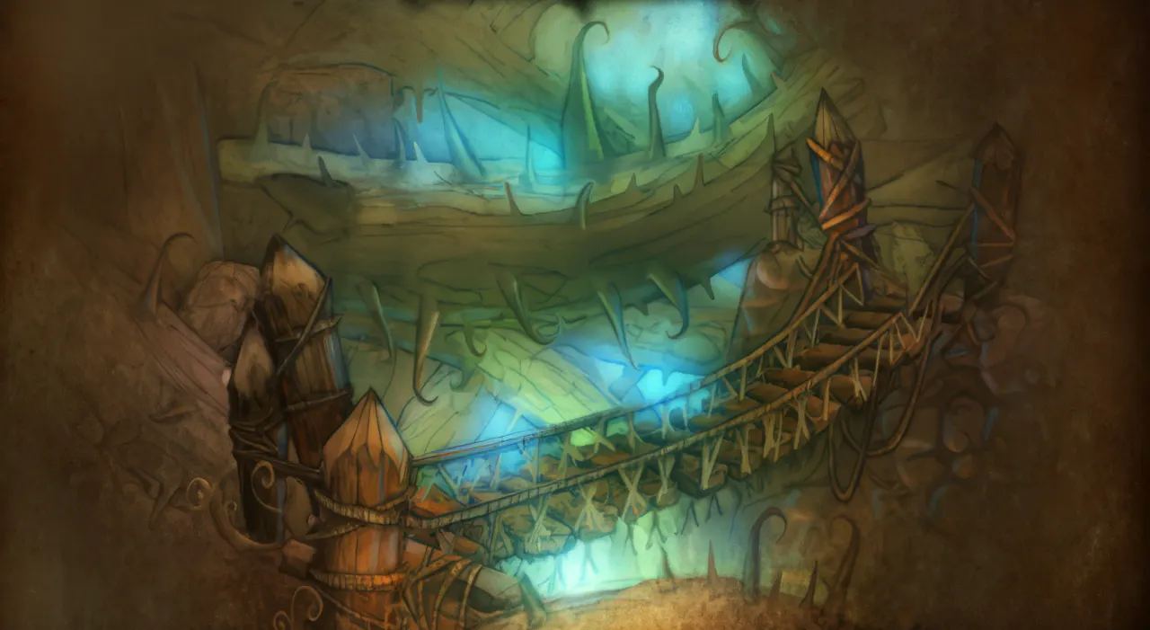 Razorfen Kraul loading artwork showing a rope bridge across huge twisting thorns lit by blue green light
