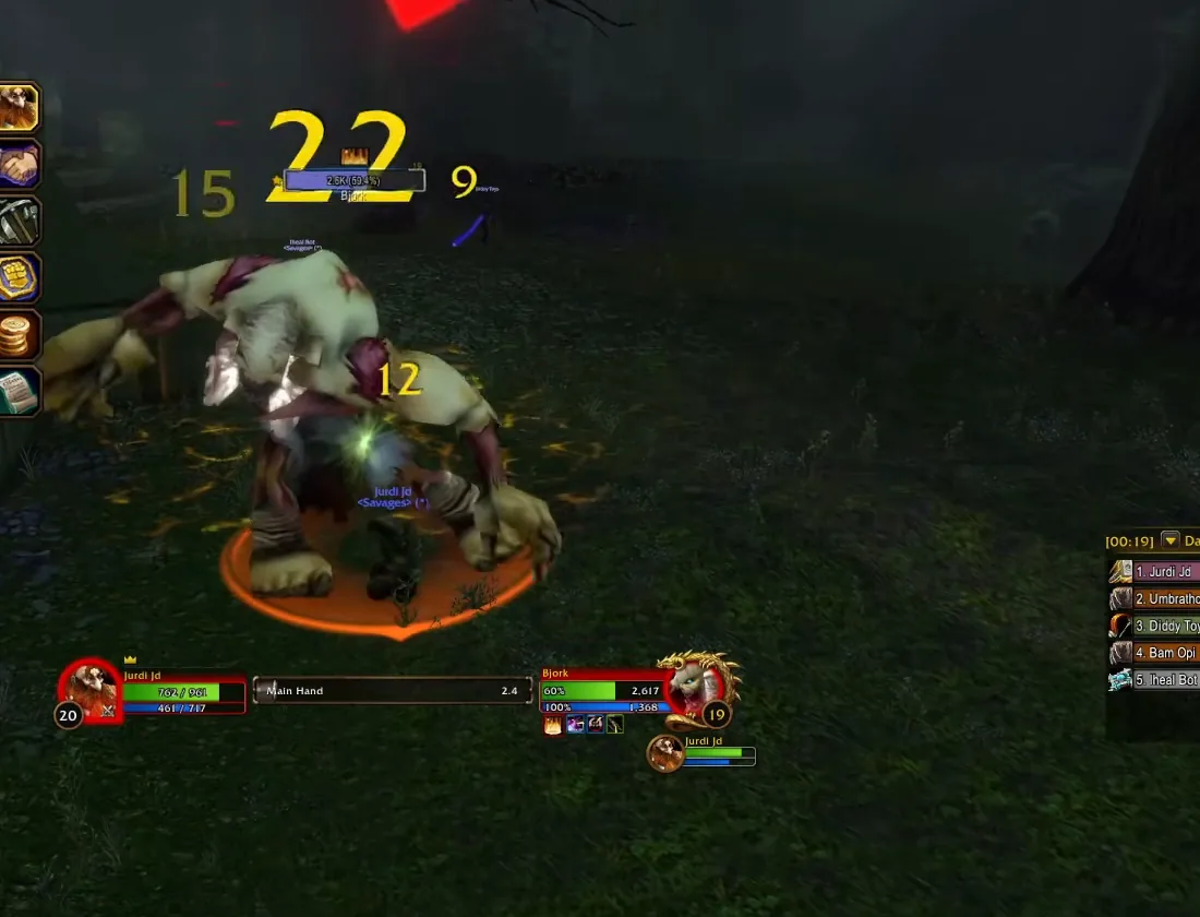 Bjork, eine blasse Monstrosität mit Hauern, im Kampf mit einem Zwergen-Paladin zwischen den dunklen, überwucherten Ruinen von Lordaeron