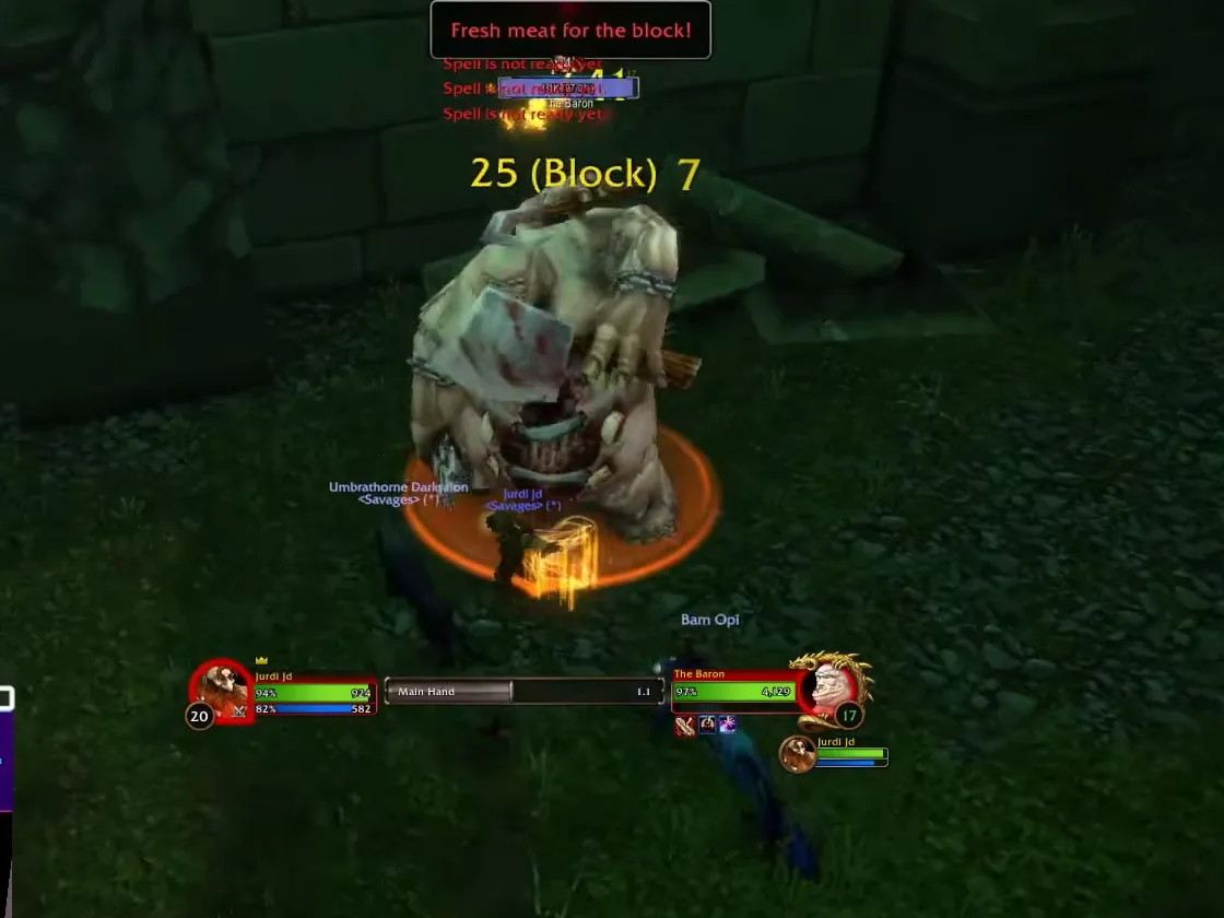 The Baron, eine gewaltige zusammengenähte Monstrosität, ruft „Fresh meat for the block“, während ein Zwergen-Paladin ihn in King's Alley tankt