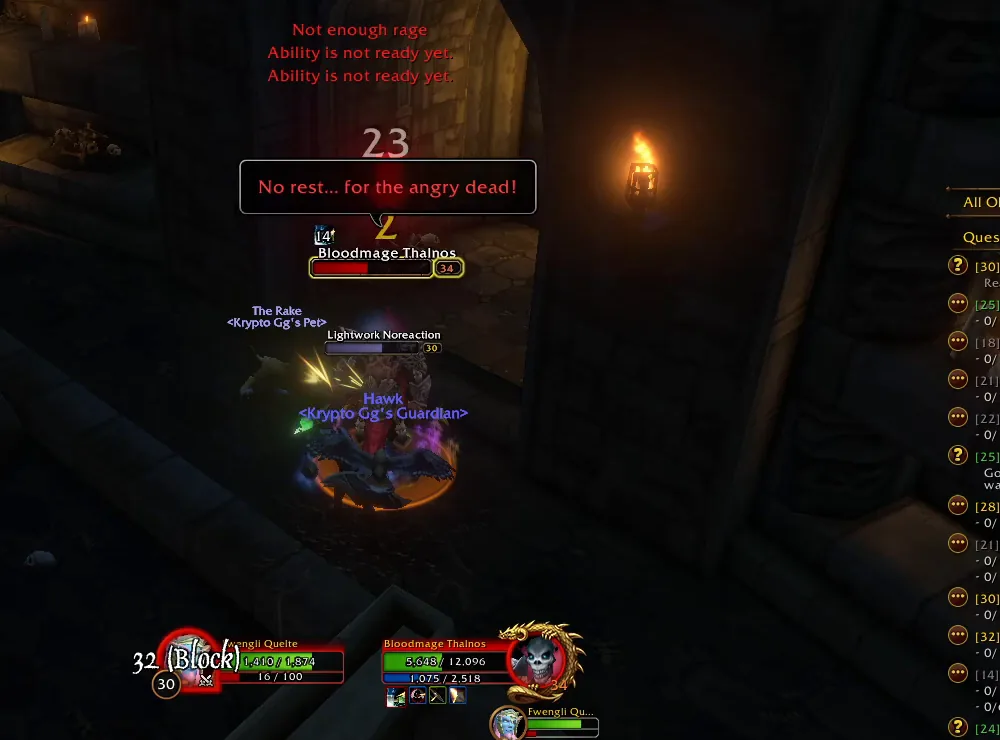 Mage de sang Thalnos, niveau 34, criant « No rest for the angry dead » pendant qu’un guerrier de niveau 30 le tank dans Honor's Tomb
