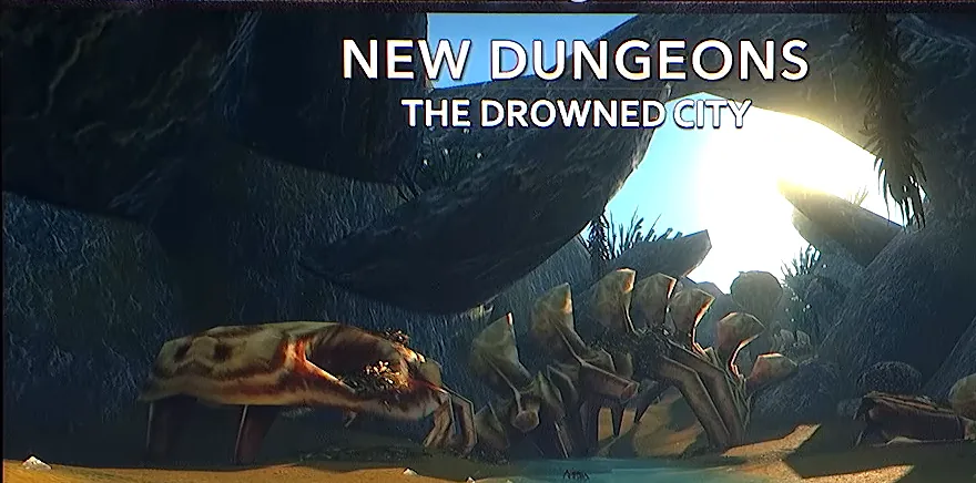 BlizzCon-Bühnenbildschirm mit dem Titel New Dungeons, The Drowned City, der riesige Krabben- und Fischskelette in einer sonnigen Sandbucht zeigt