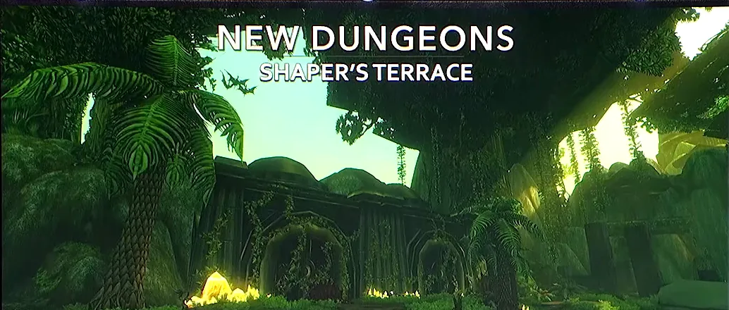 Diapositive de la BlizzCon intitulée New Dungeons, Shaper's Terrace : arches de pierre couvertes de vignes dans une jungle, avec un cristal jaune lumineux