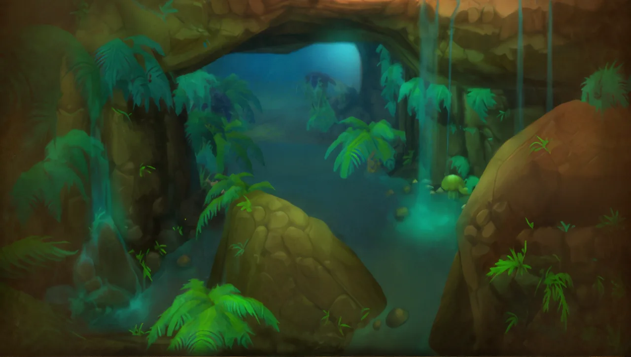 WoW Forever beta Wailing Caverns loading-screen art showing turquoise cave pools, waterfalls and green plants