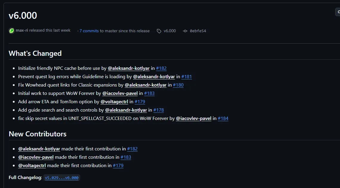 Release Notes zu Guidelime v6.000 auf GitHub, darunter „Initial work to support WoW Forever“ und ein Eintrag „Add arrow ETA and TomTom option“