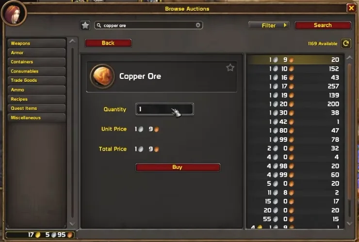 Browse Auctions window in the beta client searching Copper Ore, with a column of listings sorted from the lowest unit price upward