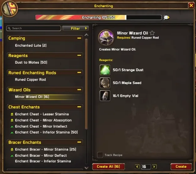 Verzauberkunst-Fenster im Beta-Client bei Schwaches Zauberöl mit Reagenzien, einem Kontrollkästchen „Track Recipe“ und einer Schaltfläche „Create All“